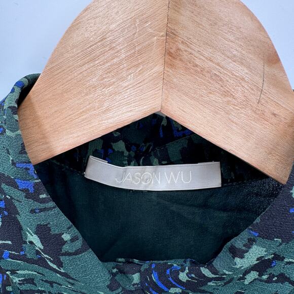 JASON WU 100% Silk Collared Green Print Button Up Sleeveless Blouse Top // 6 - Picture 4 of 11